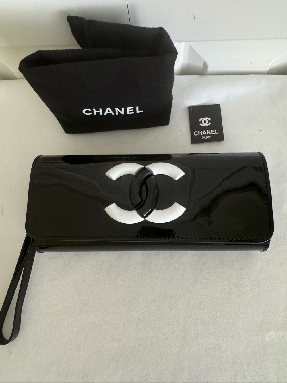 Black Patent Leather Wristlet Clutch with White CC Emblem